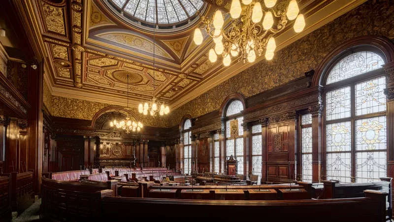 Plenário com mesas e cadeiras de casa legislativa