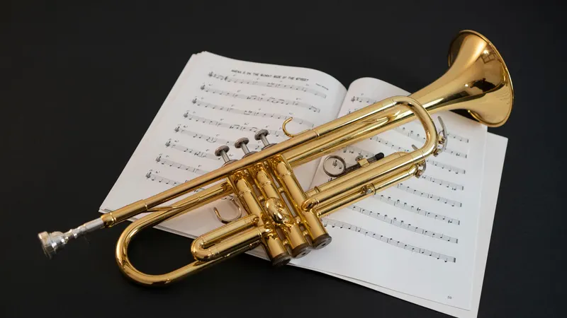 Instrumentos de metal de banda marcial enfileirados