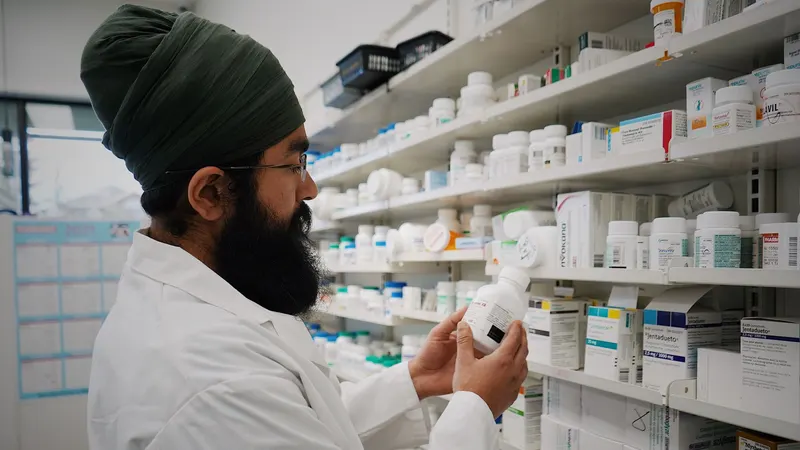 Prateleiras com caixas de medicamentos em uma farmácia